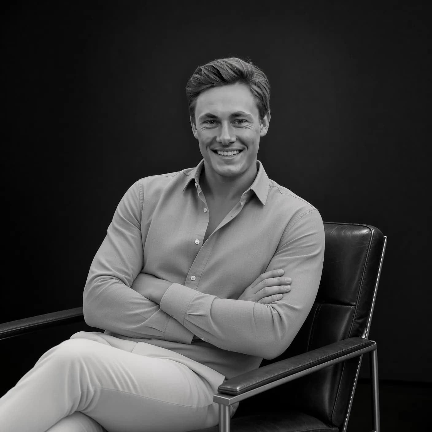 Eirik Kjølstad Sandberg sitter i en lenestol med armene i kors og smiler, svart-hvitt portrett.